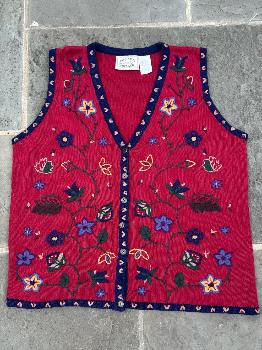 Erika II Floral Embroidered Sweater Vest 3X Pink Navy Cottagecore